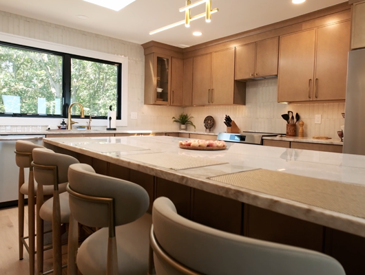 luxury and modern coastal aesthetic kitchen in a custom home in Port Jefferson, NY