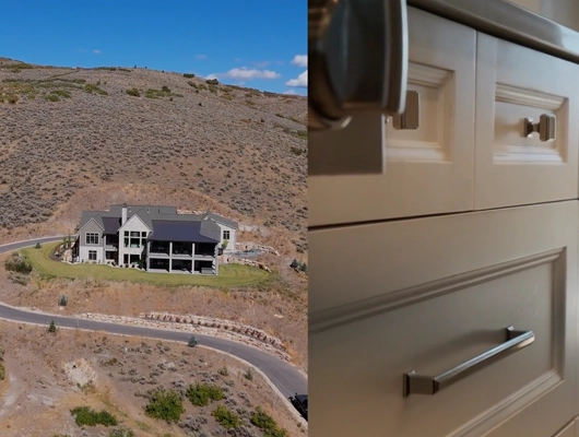 drone view of custom house and cabinetry close up