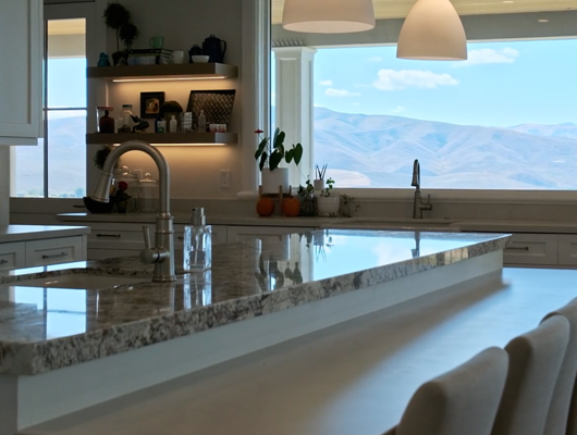view from a luxury, modern kitchen inside a custom built home in Utah county, Utah