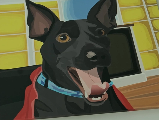 painting of a black dog with a blue collar