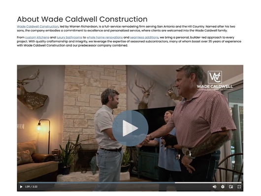 Wade Caldwell Construction about us webpage