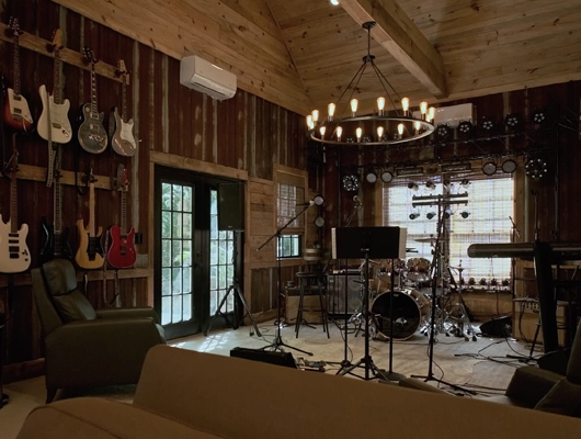 music stage inside a barn