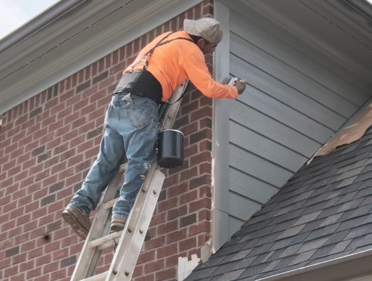 guy with orange shirt standing on ladder and painting the exterior of a house