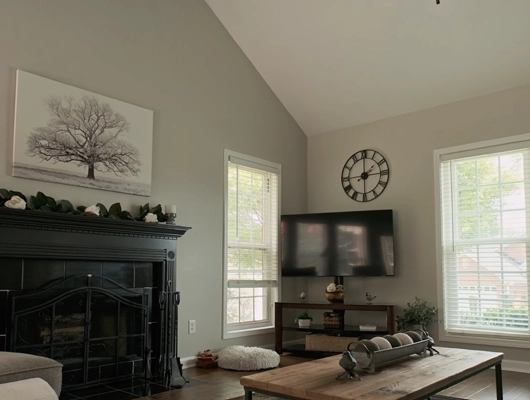 living room with a fireplace and tv